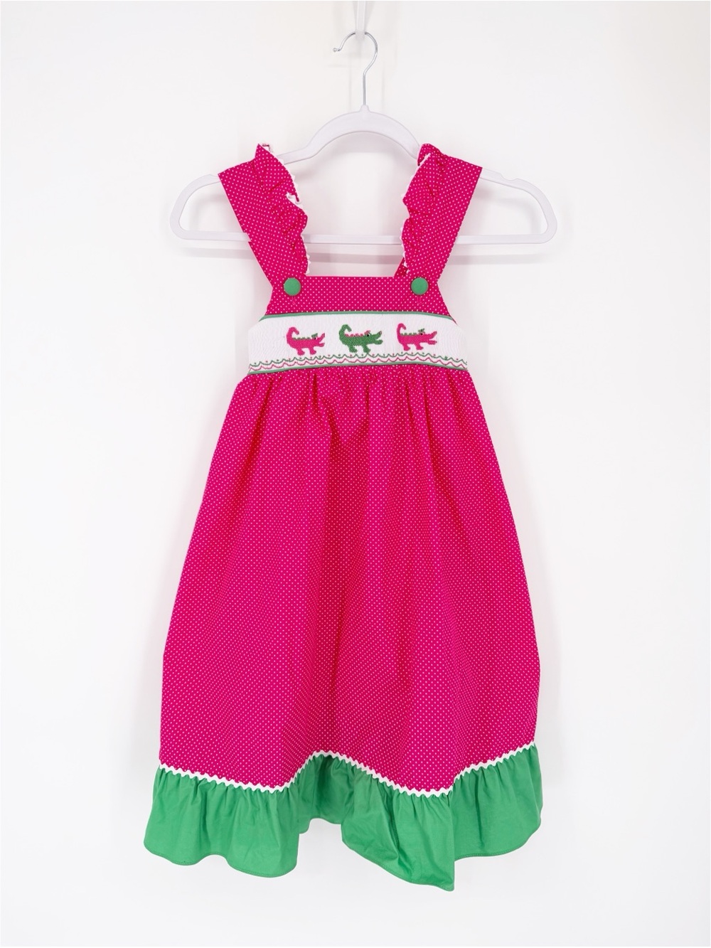 Smocked Alligator Sundress Pink and Green Polka Dot Size 6 Stellybelly